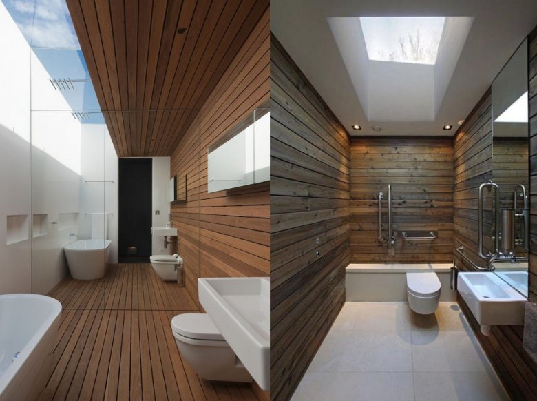Деревянный интерьер ванной комнаты