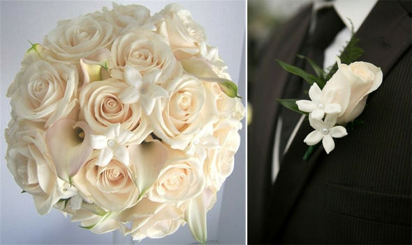 Сочетание бутоньерки жениха и букета невесты: розы