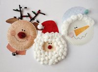 Идея для детского новогоднего творчества: олень, снеговик и Дед Мороз из одноразовых тарелок