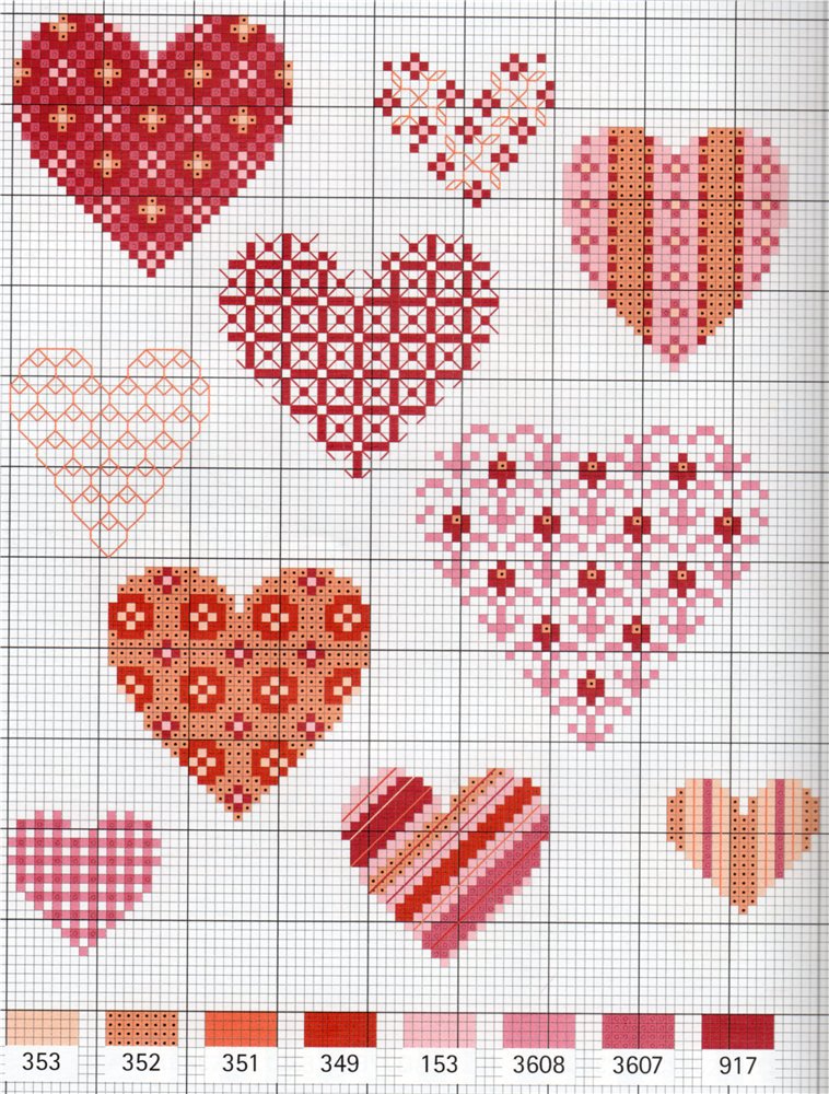 Схемы вышивок сердец для открыток и оформления подарков